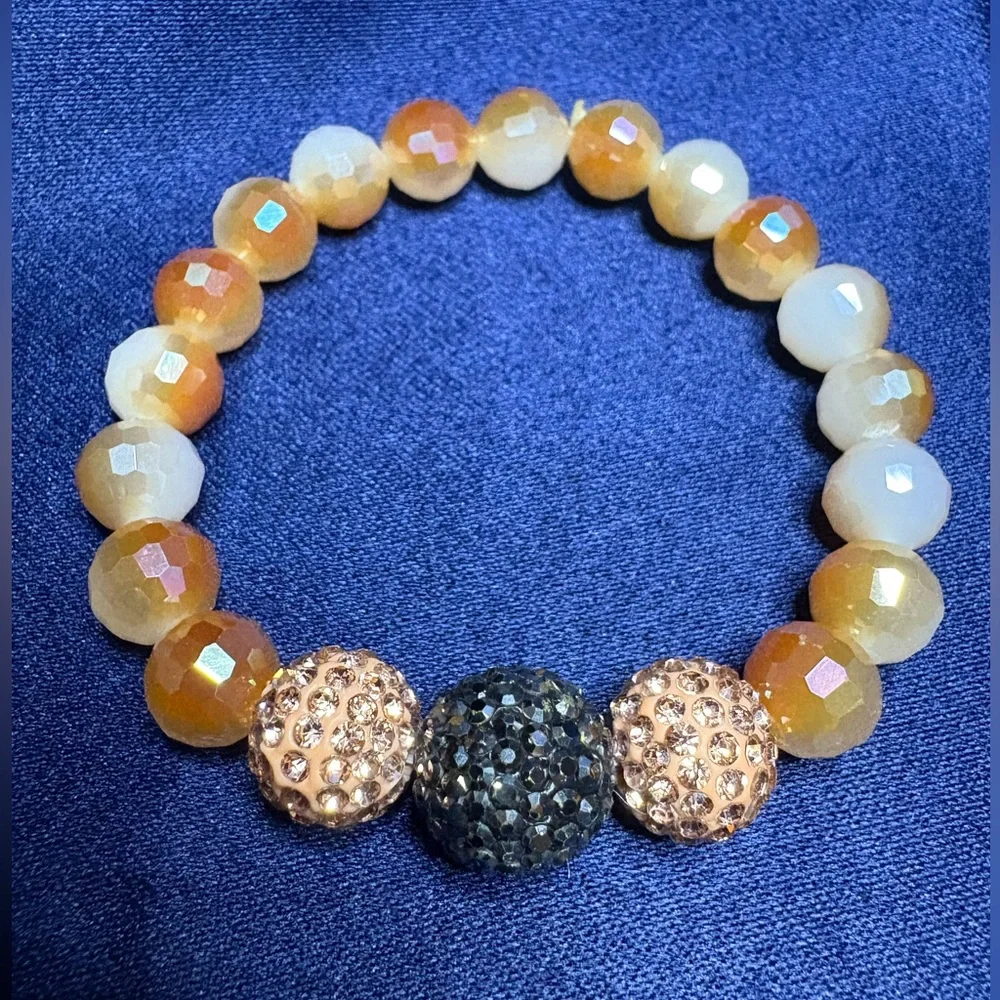 Bracelet Faceted Glass Beaded Stretch Brown Orange White Rust